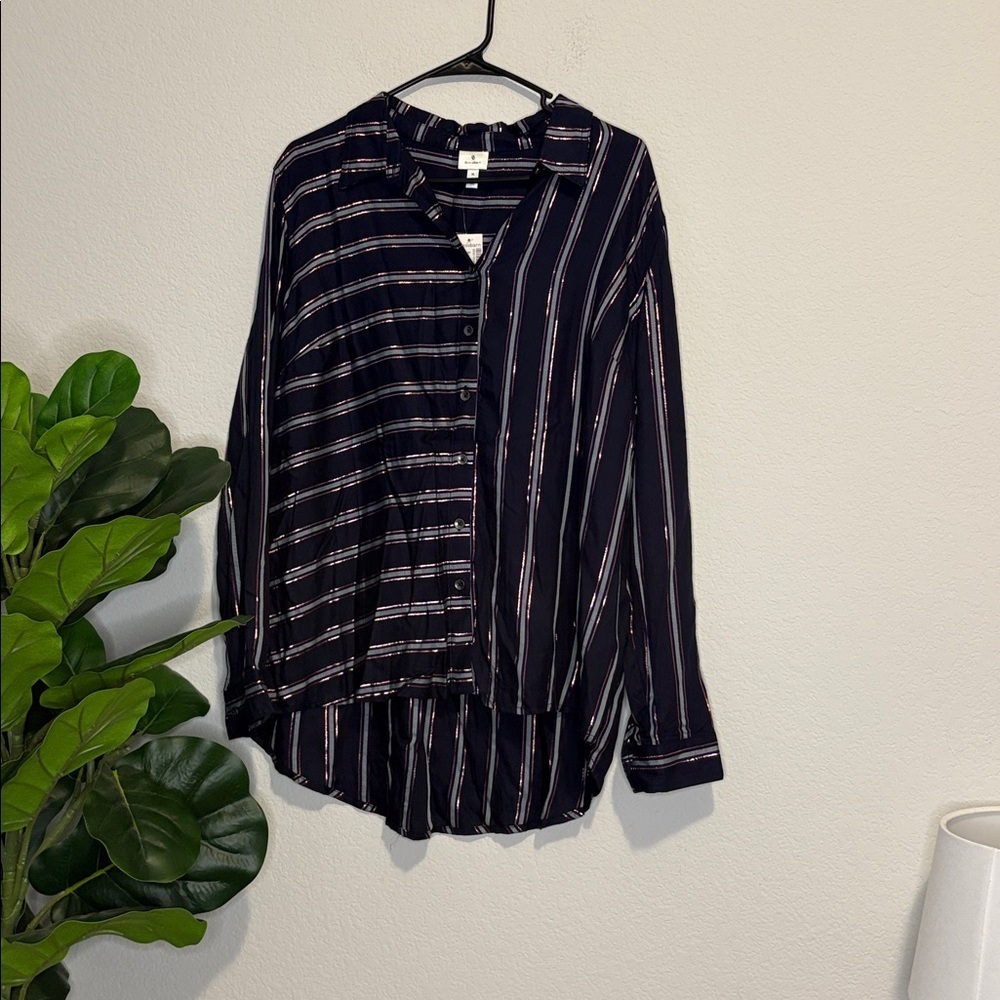 NWT dressbarn Navy and rose gold Striped Button Down Shirt XL